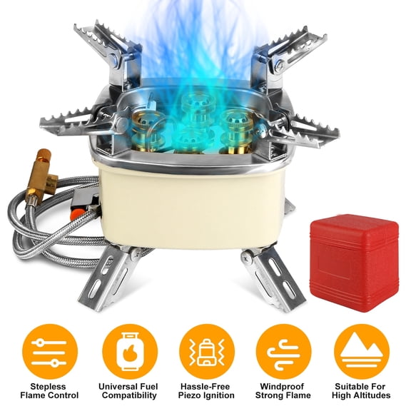 Camping Stove 13000W Portable Windproof Five-head Gas Burner, Camp Stove with Piezo Ignition & Stepless Flame Control, Fits ISObutane Propane/Butane Tanks for Backpacking Picnic Outdoor Cooking