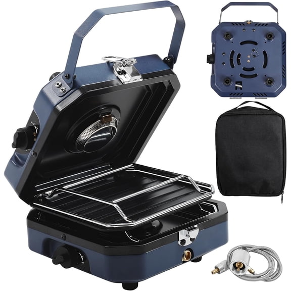 Camping Stove, 2 Burner Propane Stove With Grill,17,000 BTU Camp Stove, Foldable Camping Stove Propane Includes Carry Bag,Windscreen & Grill,Adjustable Burners (Black)