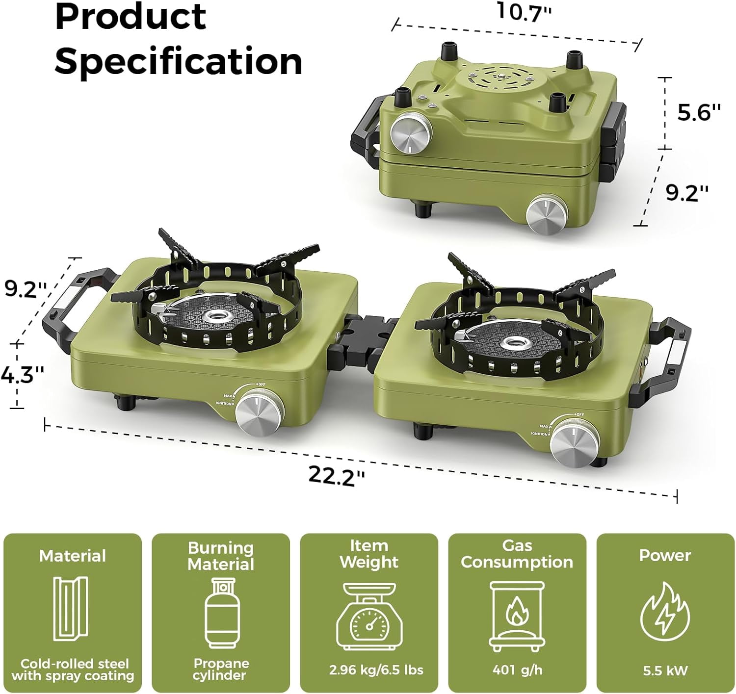 Camping Stove 2 Burners, 36000BTU Propane Camp Stove with Windproof Grates, Portable Folding Camping Gas Stoves Include Frying Pan & Carry Bag for Camp out, Cooking Outdoor, Tailgating, Green
