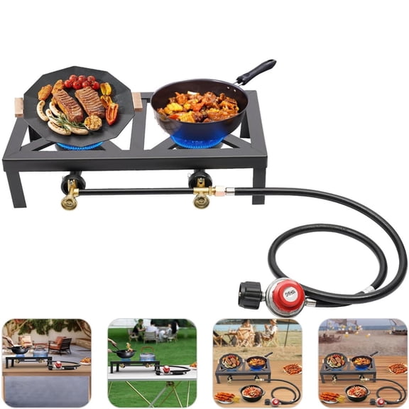 Camping Stove, Portable 2 Burner Outdoor Gas Stove Cooker with Adjustable 0-10PSI Regulator Hose, BBQ Propane Burner Head for Patio Camping Tailgating Hiking Home Brewing Turkey Fry Maple Syrup Prep