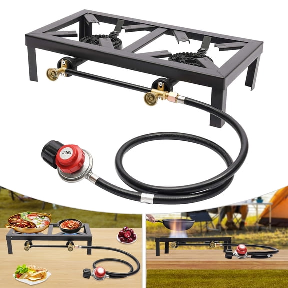 Camping Stove, Portable Double Burner Outdoor Gas Stove with Adjustable 0-10Psi Regulator Hose for Patio Camping, BBQ, Home Brewing, Turkey Fry, Maple Syrup Prep