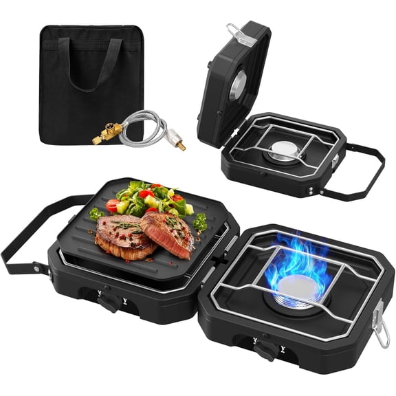Camping Stove Portable Propane Camp Stove with Independently Adjustable Heat & Carry Bag, Foldable Gas Stove with 2 Burners for Outdoor Cooking,Tailgating & Backyard Gathering,BBQ