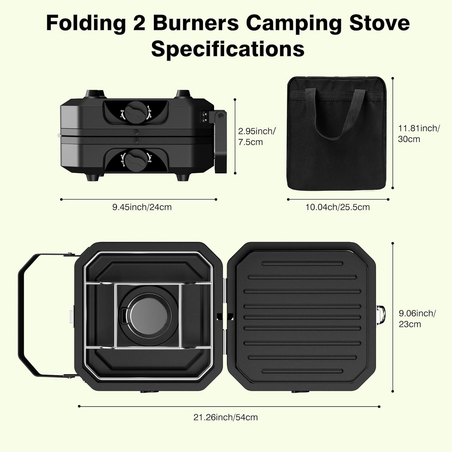 Camping Stove Portable Propane Camp Stove with Independently Adjustable Heat & Carry Bag, Foldable Gas Stove with 2 Burners for Outdoor Cooking,Tailgating & Backyard Gathering,BBQ (Black)