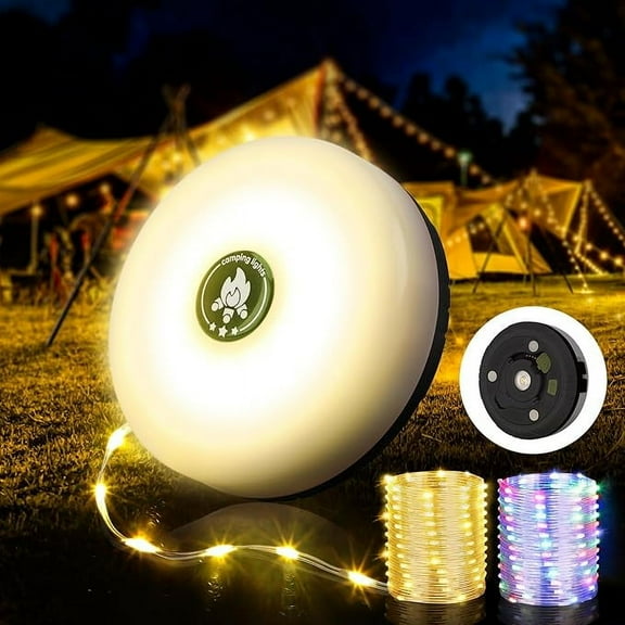 Camping String Lights, 4 in 1 Quick Storage 32.8FT Rechargeable Tent Lights String with 8 Lighting Modes, Hanging Waterproof Portable LED Lamp for Outdoor Patio Awning Garden Party Essentials
