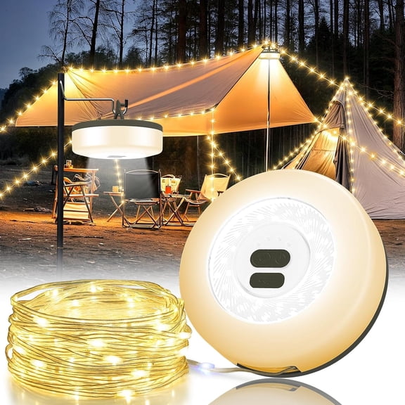 Camping String Lights, 4 in 1 Quick Storage Camping Essentials Gear 32.8FT Rechargeable Tent Lights with 6 Modes Hanging Waterproof LED Camp Lamp for Camping Hiking Patio Garden Festival-Warm White