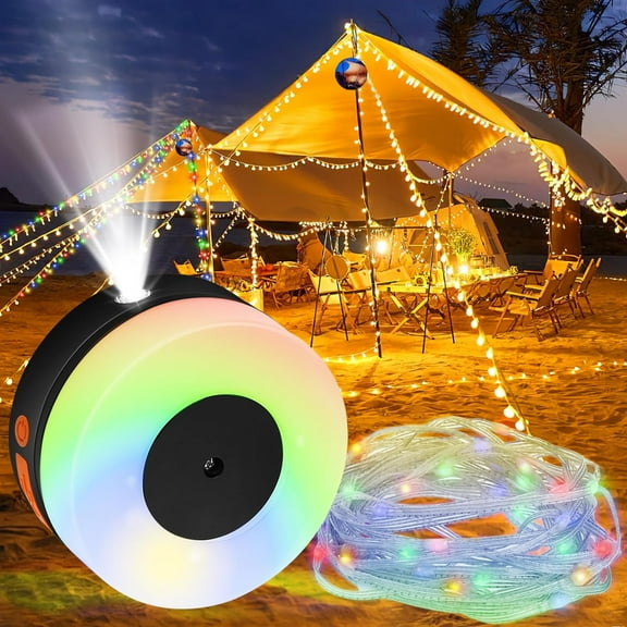 Camping String Lights, Camping Lantern Flashlight with 33Ft String Light, IP67 Waterproof Camping Lights, Rechargeable Portable RGB Multicolor Lights for Tent Outage Emergency Home Decoration