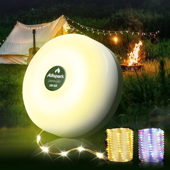 Camping String Lights Recharable, 4 in 1 Quick Stora 32.8FT Tent String Lights with 8 Lighting Modes,Portable Handing Waterproof LED Lights for Outdoor Patio Awning Garden Party Essentials