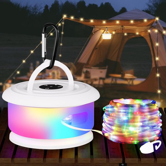 Camping String Lights, Retractable 32.8ft RGB Flash Lamp, Rechargeable Fairy LED Rope Lights Outdoor , Portable Lantern for Outside Tent Patio Awning Garden RV Essentials