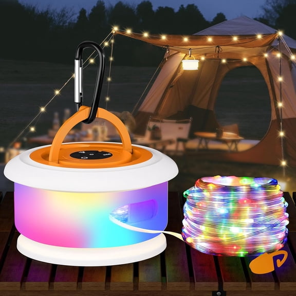 Camping String Lights, Retractable 32.8ft RGB Flash Lamp, Rechargeable LED Fairy Lights Outdoor Waterproof, Portable Hanging Lantern for Outside Tent Patio Awning Garden RV Essentials