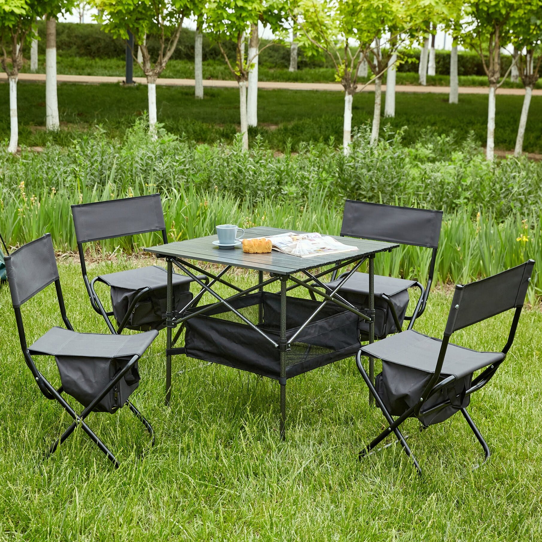 Camping Table and Chair Set of 5, Folding Picnic Table with Basket