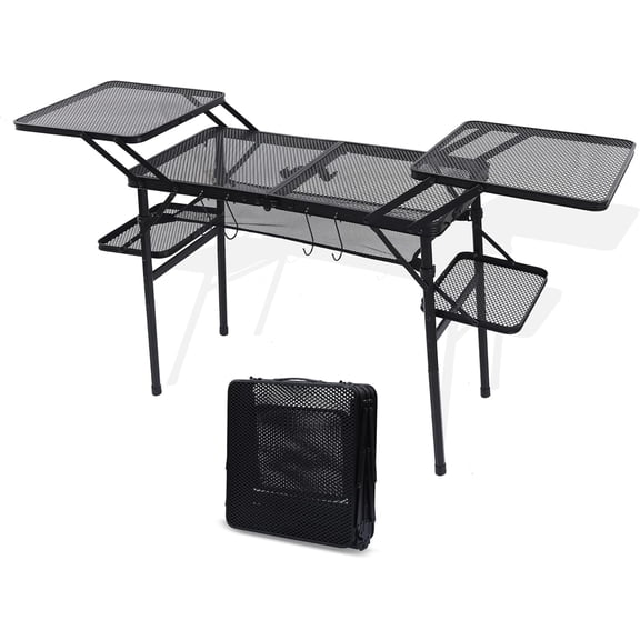 Camping Table, Compact Folding Tailgate Grill Table, Outdoor Metal Tables, Fold Up Lightweight with 4 Side Tables & Mesh Net for BBQ, Camping, Picnic
