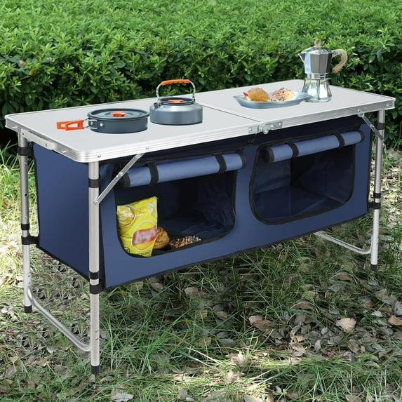 Camping Table, Folding Camping Table with Storage, Portable, Lightweight, 3 Height Adjustable Aluminum Outdoor Table for BBQ, Picnic, Camping, Hiking, Beach, and Indoor, Blue