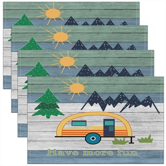 Camping Table Mats Placemat Camper Placemats Set of 4 Kids Decor Cute Cartoon RV Camping Car Comforter Cover Farmhouse Rustic Wooden Decor Table Place Mats 12"x18"