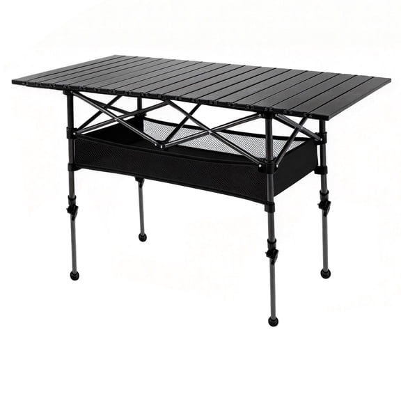 Camping Table with Mesh Basket, Lightweight Carbon steel Roll-Up Folding Table, Height Adjustable Outdoor Portable Table for Cooking, BBQ, Picnic, Backyard & Camping