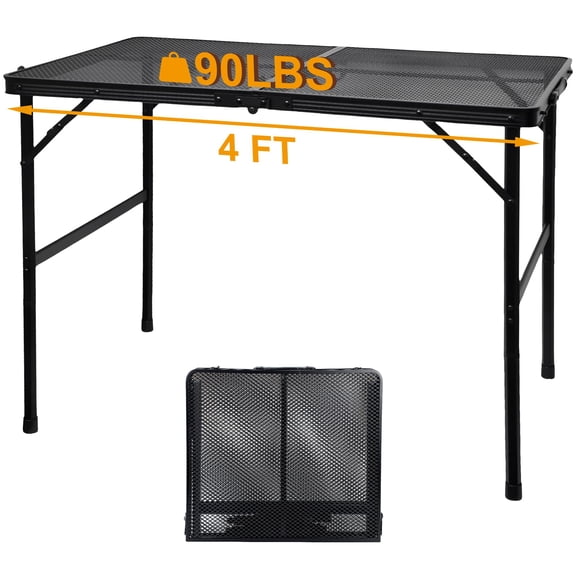 Camping Table with Mesh Desktop, Lightweight & Portable Folding Grill Table, Height Adjustable Metal Outdoor Table for Camp, Cooking, BBQ, RV, Picnic-3 FT Black