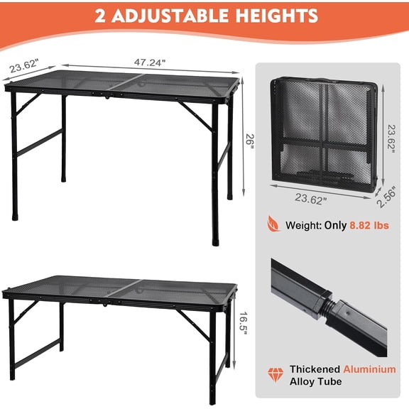 Camping Table with Mesh Desktop - Lightweight & Portable Folding Grill Table, Height Adjustable Metal Outdoor Table for Camp, Cooking, BBQ, RV, Picnic - 4 FT Black