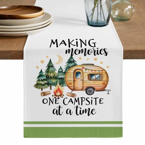 Camping Table Runner, Fall Summer Nature Forest Car Tree Moon Washable Cotton Linen Table Runners 48 Inches Long, Dresser Scarf Runner for Nightstand/Coffee/End Tables 13''x48''