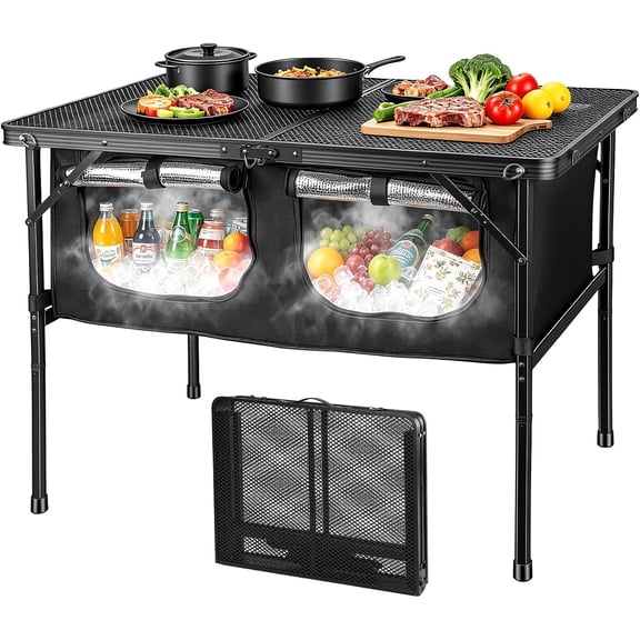Camping Table with Storage, Folding Camp Kitchen Table with Insulated Cooler Bag, 35.4" x 23.6" Height Adjustable Lightweight Aluminum Outdoor Table for BBQ, Picnic, RV, Tailgating