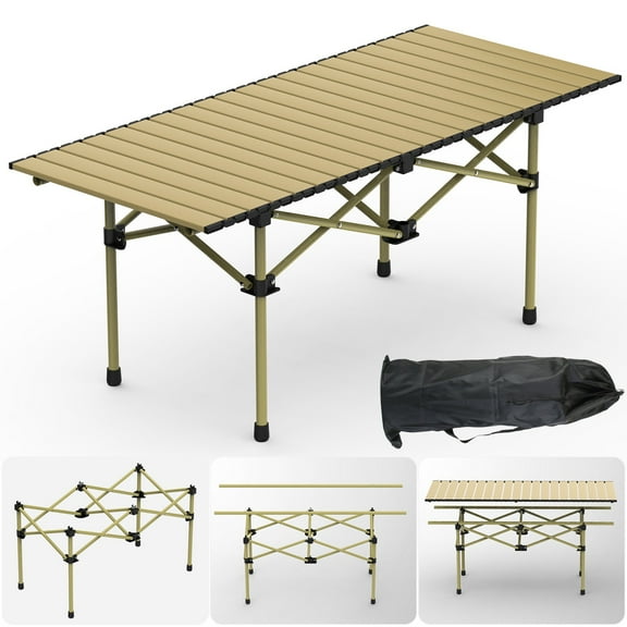 Camping Table TeqHome Foldable Carbon Steel Table Portable Camp Table Loads 66 lbs with Roll Up Tabletop Carry Bag for 4-6 Person Outdoor Camping Tailgating Grilling (L)