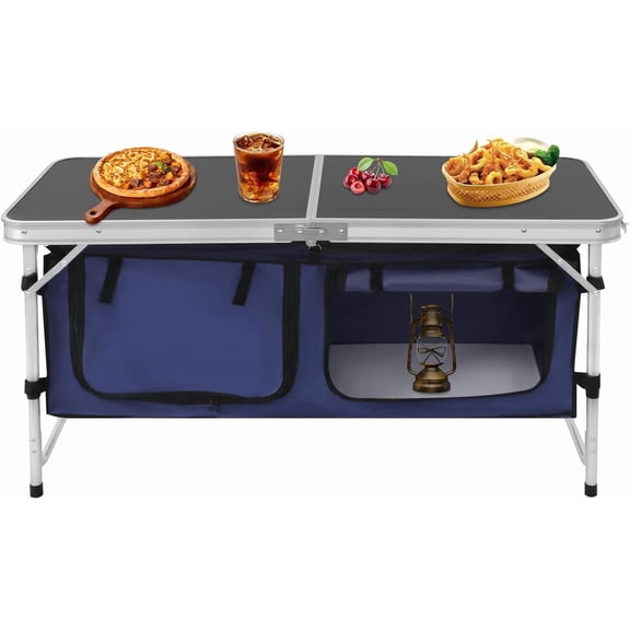 Camping Table with Storage,Folding Camping Kitchen Cupboard Height Adjustable Aluminum Storage Table Outdoor Camping Table for Garden Patio BBQ Party
