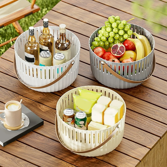 Camping Tableware Storage Basket, Outdoor Picnic Basket, Bento Food Storage Plastic Basket for Spring Outing, Picnics, Camping, Beige, 1 Pc, by Ihhxbs