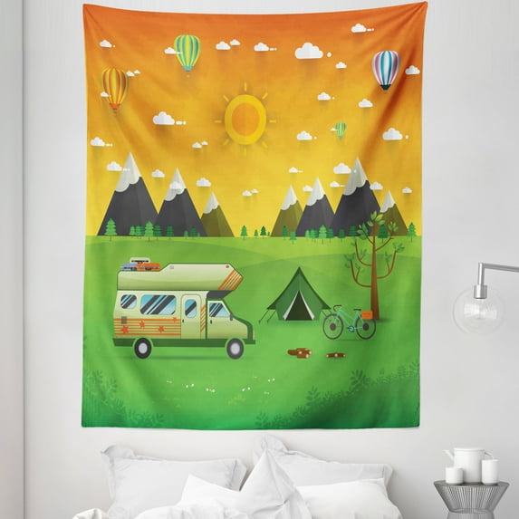 Camping Tapestry, National Mountain Park Campsite Landscape with Family Trailer Caravan and Tent, Fabric Wall Hanging Decor for Bedroom Living Room Dorm, 5 Sizes, Multicolor, by Ambesonne
