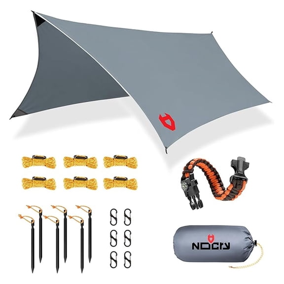 Camping Tarp 12x10 Waterproof Rain Fly; Lightweight Backpacking Shelter; Hammock Tarp with Stakes & Ropes; UV Protection; Grey