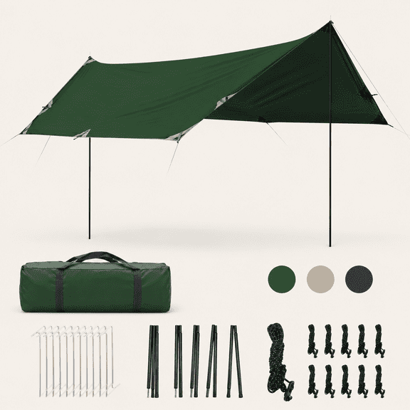 Camping Tarp, with 2 Poles, Lightweight Car Awning Sunshade, Portable Multifunctional Backpacking, PU 3000mm Waterproof Rain Fly Hammock Tarp for Outdoor, Traveling, Hilking