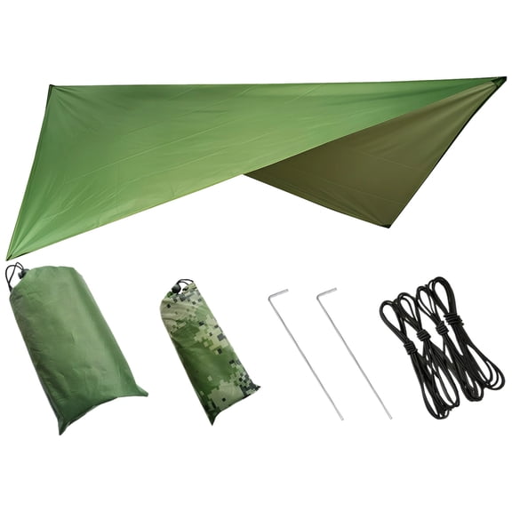 Camping Tarp , 90.6 x 82.7 in / 230 x 210 cm Triangle Shade Sail, Lightweight Hammock Rain Fly, Multifunctional Tent Tarp Shelter, Sun Shade Awning with Pegs & Ropes, Silver Coated Polyester, Green