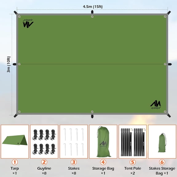Camping Tarp with Poles Heavy Duty, 10 x 15 FT Extra Large Waterproof Tarp Tent Awning, Hammock Rain Fly Sun Shelter for Camping, Beach, Picnic, Outdoor Activities