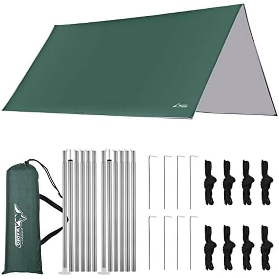 Camping Tarp with Poles, Waterproof and Lightweight Tent Hammock Tarp, 10X10FT Backpacking Rain Fly Survival Shelter for Camping, Hiking, Picnic and Outdoor Activities