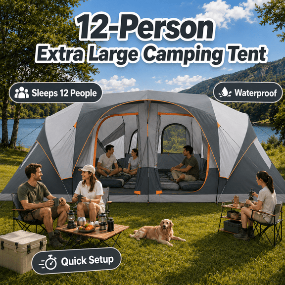 Camping Tent 12 Person Camping Tents, 2/3 Room Weather Resistant Family Cabin Tent, 6 Large Mesh Windows, Double Layer, Divided Curtain for Separated Room, Portable with Carry Bag