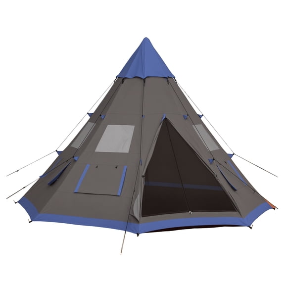 Camping Tent 12ft 6-7 Person 4 Season, Waterproof Teepee Tent with Mesh Windows, Portable Outdoor Family Tent for Hiking & Backpacking
