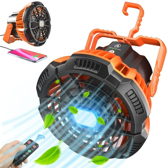 Camping Tent Fan with LED Lantern, Camp Fan Rechargeable, 5200mAh Battery Hanging 360° Adjustment Power Bank Fan with Remote Control for Camping Fishing Outdoor Use