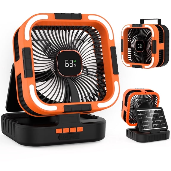 Solar Fan, 10000mAh Rechargeable Camping Fan Battery Portable Fans with LED Light, 6 Speeds Powerful Wind and 6H Timer Oscillating Tent Fan for Picnic, Fishing