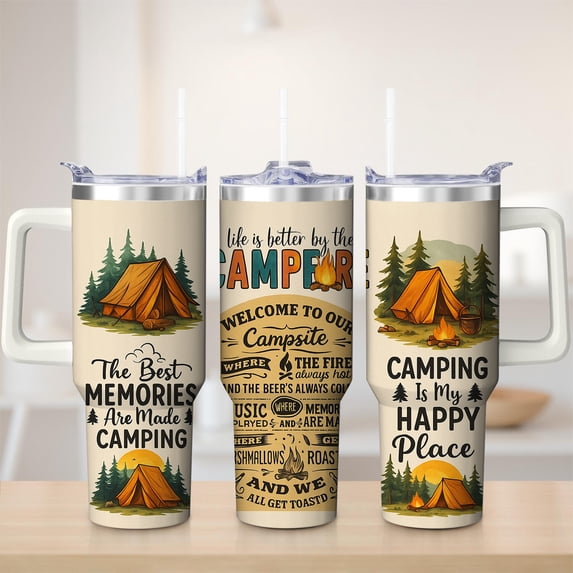Camping Tent Forest Life Stainless Steel Insulated Mug with Lid and Handle, 30oz