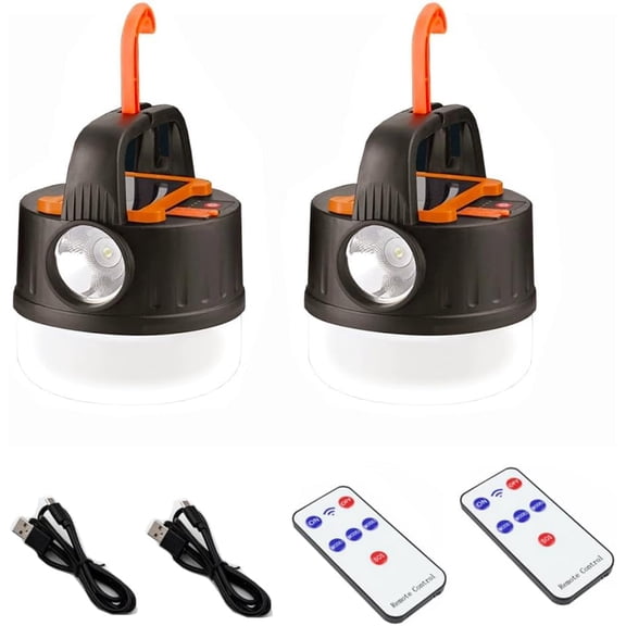 Camping Tent Light LED Solar Lantern Bulb with Remote Control Hanging Waterproof Rechargeable 5000LM Flashlight Portable 5 Lighting Modes 4 Power Display Outdoor Hurricane Power Outage 2 Pack