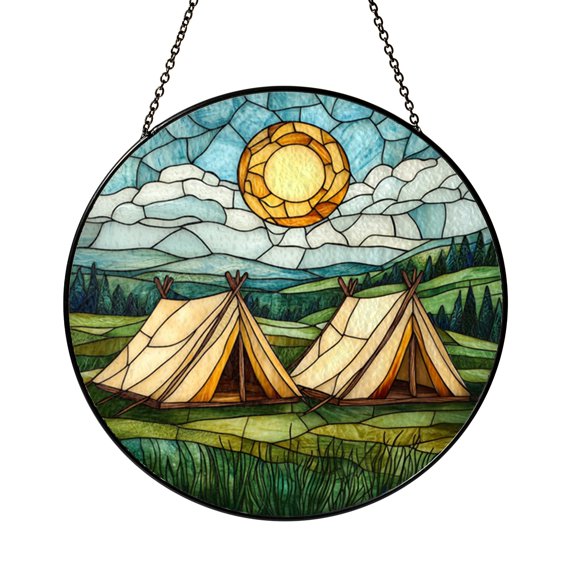 Camping Tent Night Scene Stained Glass Suncatcher – Outdoor Window Art