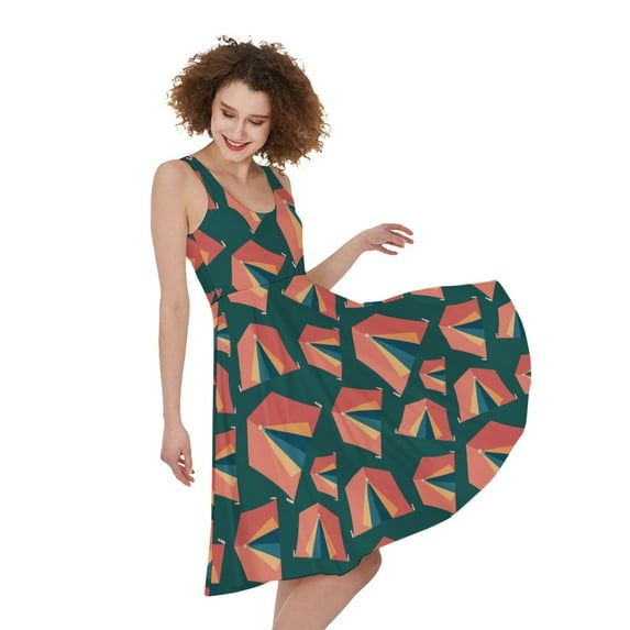 Camping Tent Pattern Print Sleeveless Knee Length Dress, Camper Camping Fashion Summer Maxi Dress For Women.