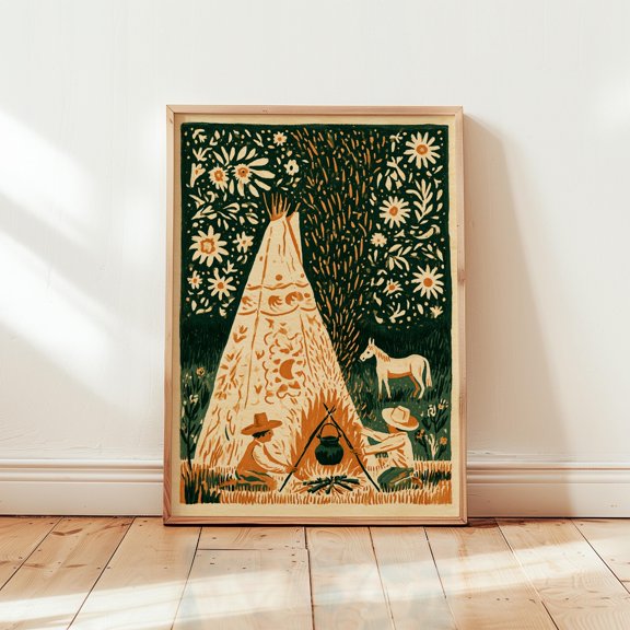 Camping Tent Poster, Green Folk Print, Paper Wall Decor, Poster Only