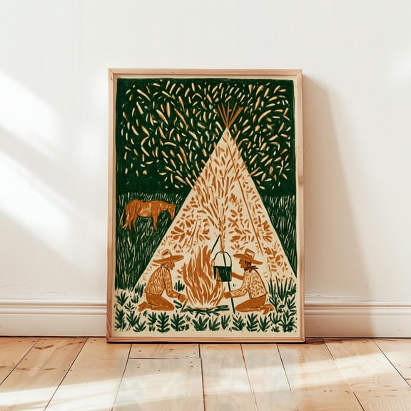 Camping Tent Poster, Green Folk Print, Paper Wall Decor, Poster Only