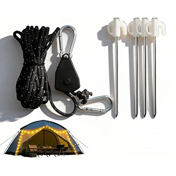 Camping Tent Rope Pulley System with Stakes, 4mm Braided Polyester Wind Rope, 13ft Adjustable Tightener Carabiner and 4 Glow-in-the-Dark Steel 34kg Load Capacity