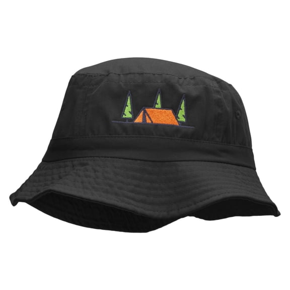 Camping Tent Scene Embroidered Bucket Hat - Black OSFM