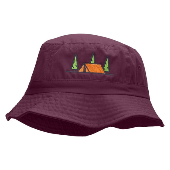 Camping Tent Scene Embroidered Bucket Hat - Burgundy OSFM
