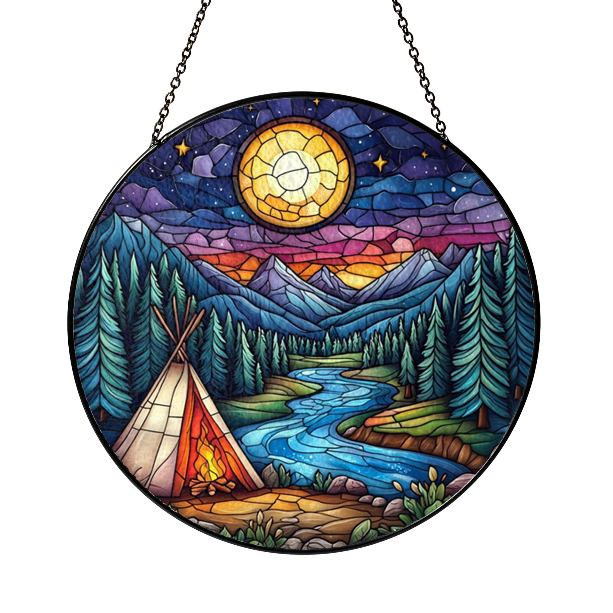 Camping Tent by River Stained Glass Window Hanging Decor2001 - Walmart.com