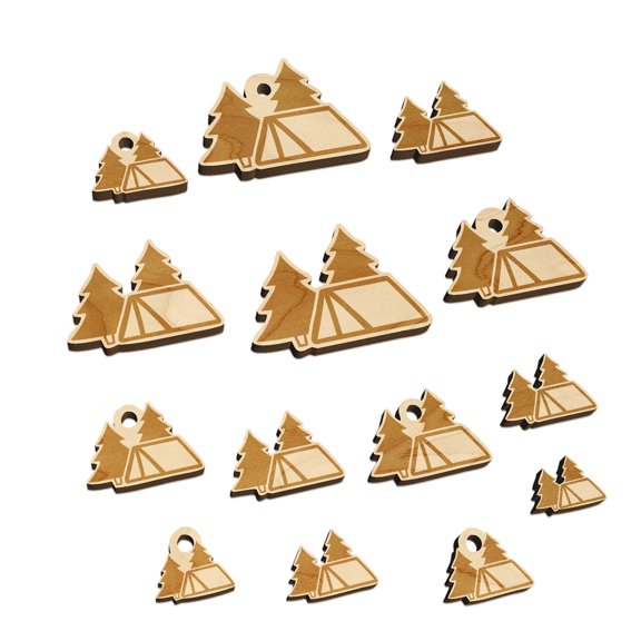 Camping Tent in the Woods Pine Trees Wood Mini Charms Shapes DIY Craft Jewelry - No Hole - Various Sizes (16pcs)
