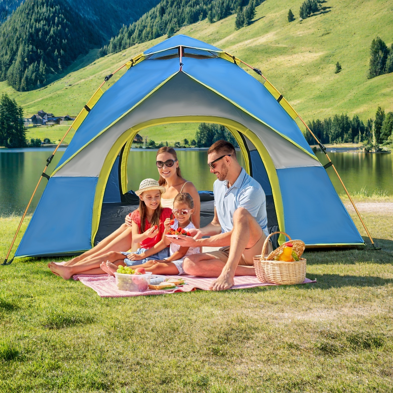 4-Person Camping Tent with Sun & Rain Protection, Quick Setup, Mesh Screen & Removable Ceiling, Reinforced Design for Outdoor Adventures and Family Use, Blue