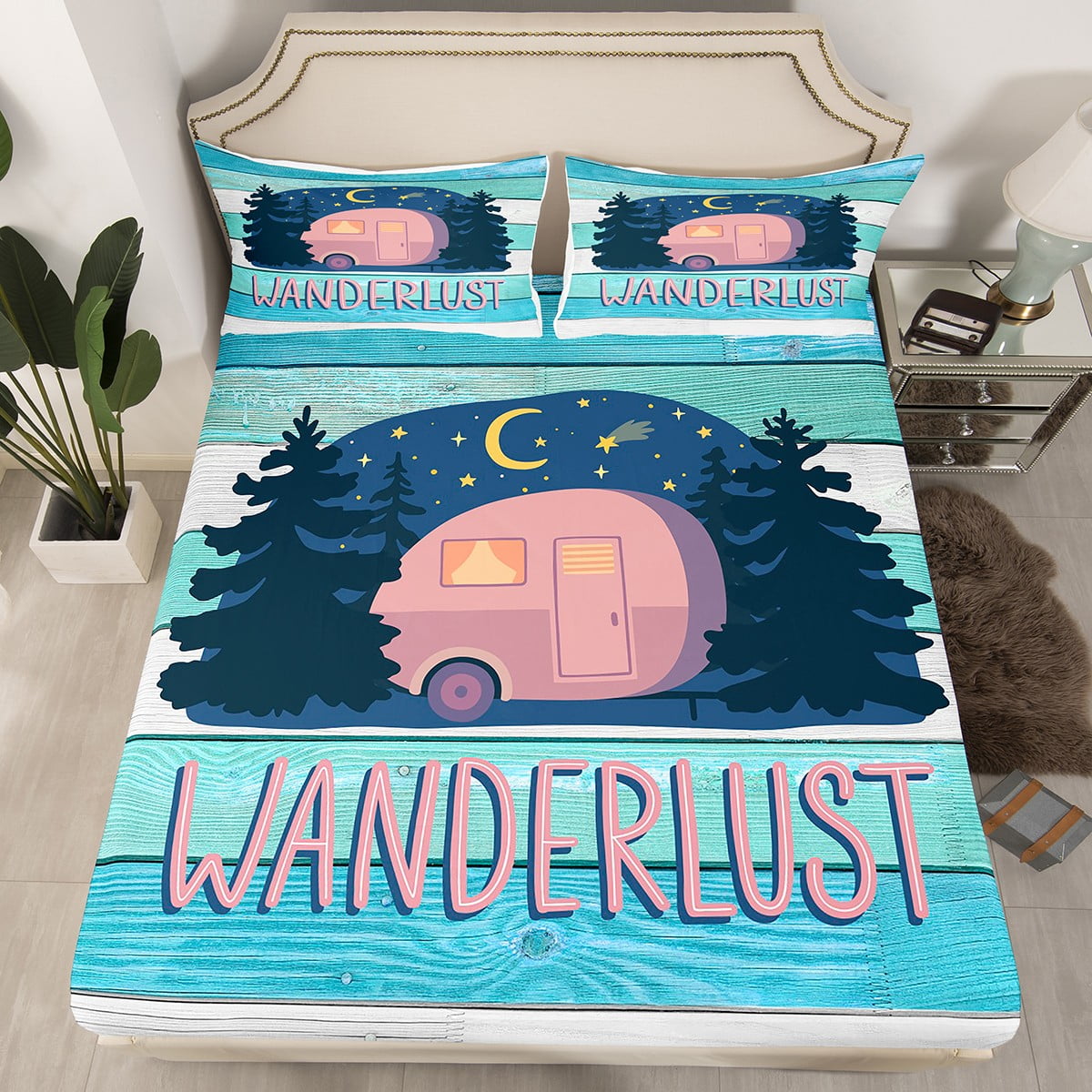 Camping Theme Bedding Set, Camper Bed Sheets Camping Car Rv Travel Trailers Fitted Sheet Vintage