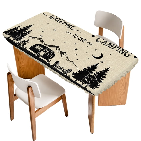 Camping Theme Fitted Rectangle Tablecloth 24" x 50" Black Camper Mountains Forest Rustic Linen Elastic Table Cloth Fits for 4 Foot Folding Tables Waterproof Table Cover for Picnic Camping Outdoor