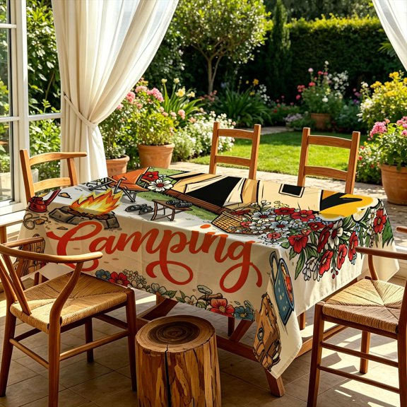 Camping Theme Floral Campfire 2D Print Rectangular Tablecloth, Rectangular Decorative Table Cover for Backyard Patio Garden Kitchen Dining, Ideal Gift for Camping & Outdoor Adventure Lovers
